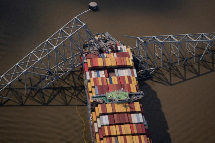 FILE PHOTO: View of the Dali cargo vessel which crashed into the Francis Scott Key Bridge causing it to collapse in Baltim...
