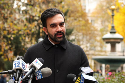 New York City mayor-elect Zohran Mamdani attends a press conference at City Hall Park in New York
