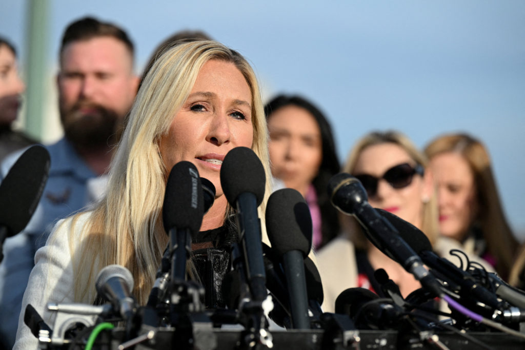 FILE PHOTO: U.S. Representative Marjorie Taylor Greene (R-GA) speaks in Washington, D.C.