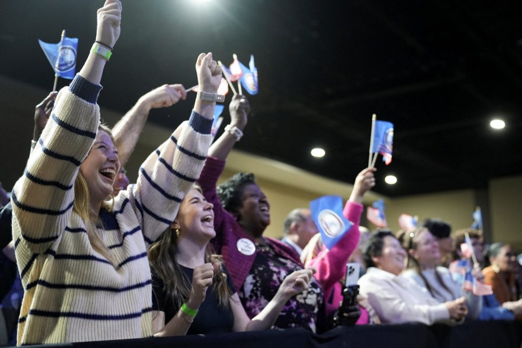 Crowd cheering as Democrat Abigail Spanberger gives her victory speech