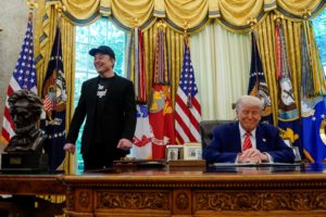 U.S. President Donald Trump and Elon Musk attend a press conference at the White House