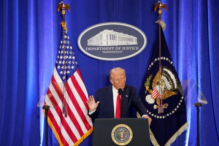 U.S. President Donald Trump meets Department of Justice workers in Washington