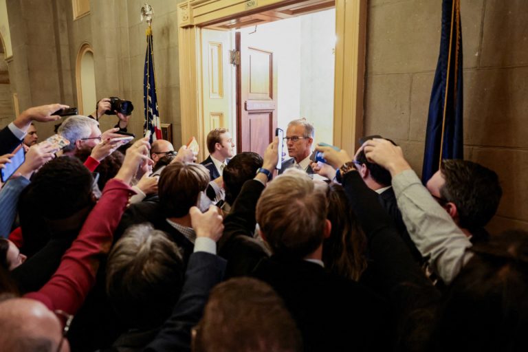 U.S. Senate Majority Leader John Thune (R-SD) speaks to reporters as he walks to the Senate floor, in Washington D.C.