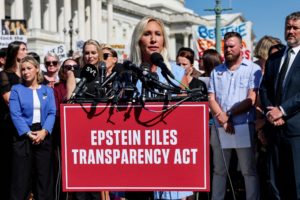 FILE PHOTO: U.S. Representative Marjorie Taylor Greene speaks in Washington, D.C.