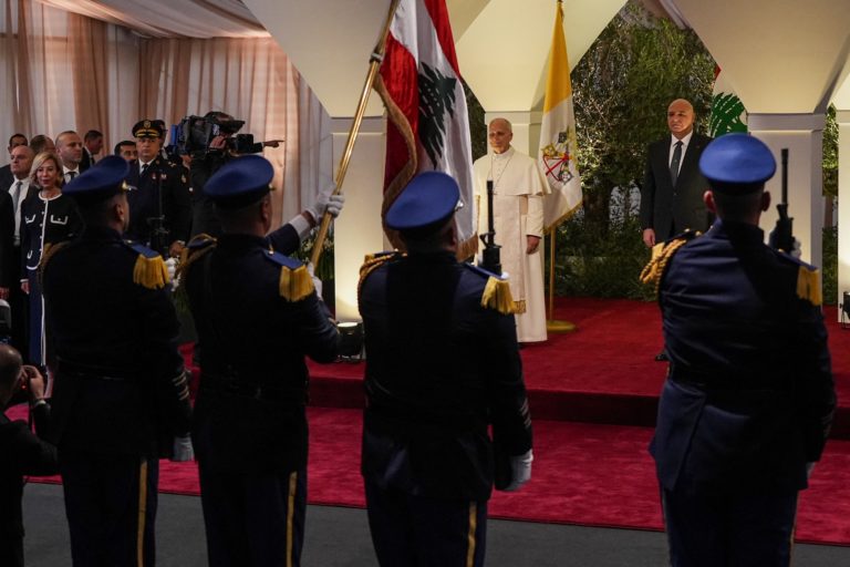 Pope Leo XIV is welcomed by Lebanese President Joseph Aoun and officials upon arrival at Rafic Hariri International Airpor...