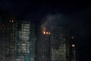 Scene of a deadly fire at Wang Fuk Court housing complex, in Hong Kong