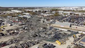 A drone view of UPS cargo plane crash site in Louisville