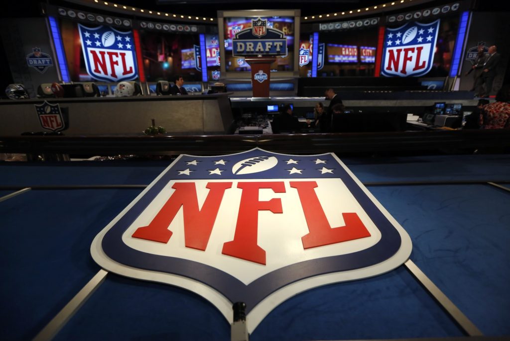NFL logo and set are seen at New York's Radio City Music Hall before the start of the 2013 NFL Draft
