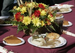The table setting with the early Thanksgiving meal served to the homeless in downtown Los Angeles