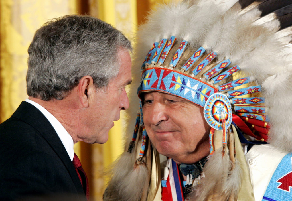 President Bush is introduced by Senator Ben Nighthorse Campbell.