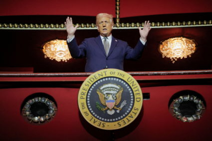 U.S. President Donald Trump stands at the presidential box at the Kennedy Center in Washington