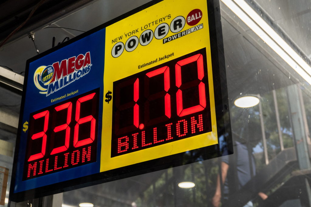 Sign shows the $1.7 billion jackpot in the Powerball lottery drawing in New York City
