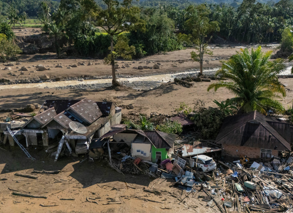 Drone view of an area hit by flash floods in Palembayan, Agam, West Sumatra