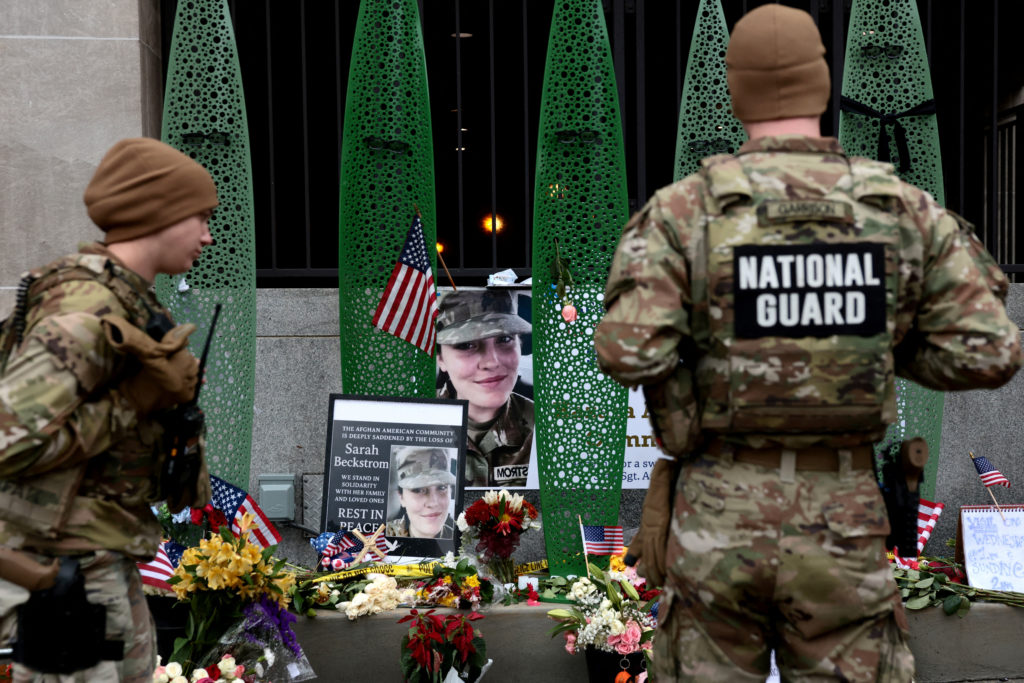 FILE PHOTO: A makeshift memorial to slain West Virginia National Guard soldier Sarah Beckstrom in Washington