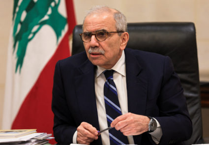 Lebanese Prime Minister Nawaf Salam speaks to journalists at the government headquarters, in Beirut
