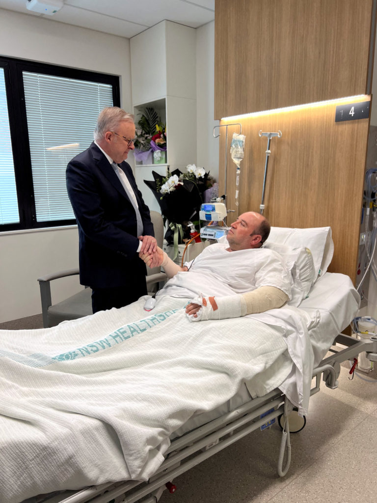 Australia's Prime Minister Anthony Albanese visits Ahmed al Ahmed at the hospital, in Sydney