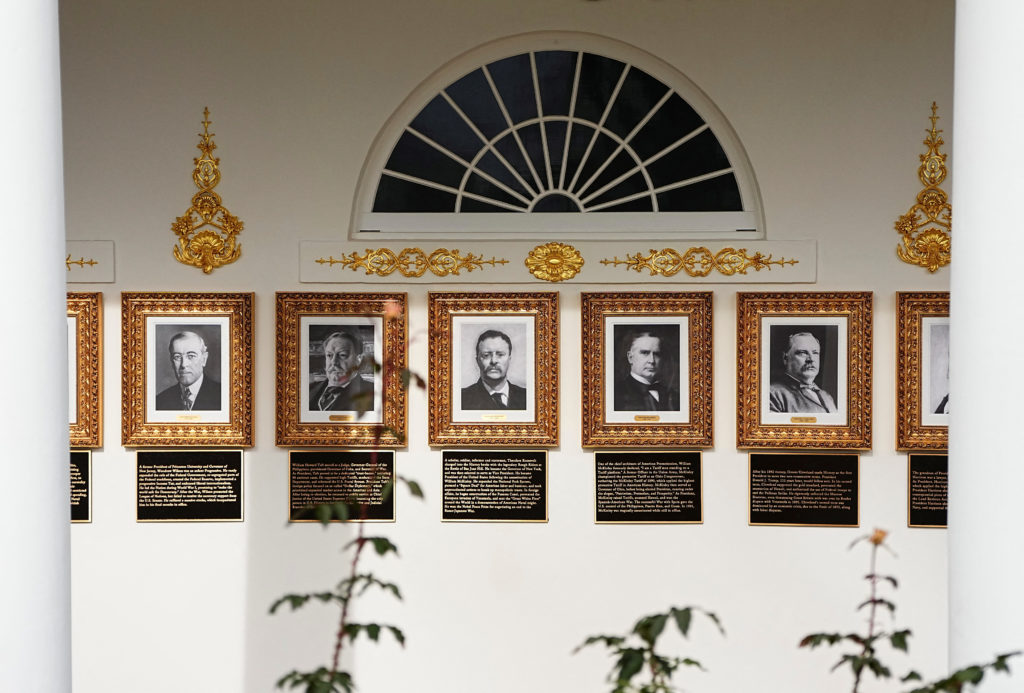 Portraits at the "Presidential Walk of Fame" in the Colonnade at the White House, in Washington