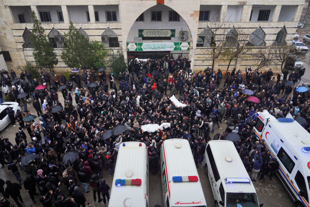 Funeral of several people who were killed in an explosion at a mosque of the Alawite minority sect yesterday, Syrian state...