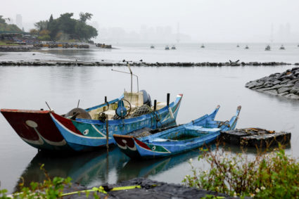 Explosive barrels placed by Taiwan military at the Tamsui River as part of a series of emergency combat readiness drills i...