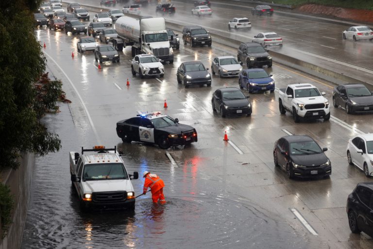 Heavy rains fall due to an atmospheric river near Los Angeles