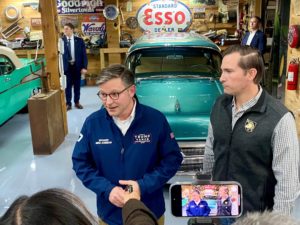 U.S. House Speaker Mike Johnson takes questions from reporters alongside District 7 Republican nominee Matt Van Epps in Na...