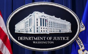 U.S. Justice Department logo is seen at Justice Department headquarters in Washington