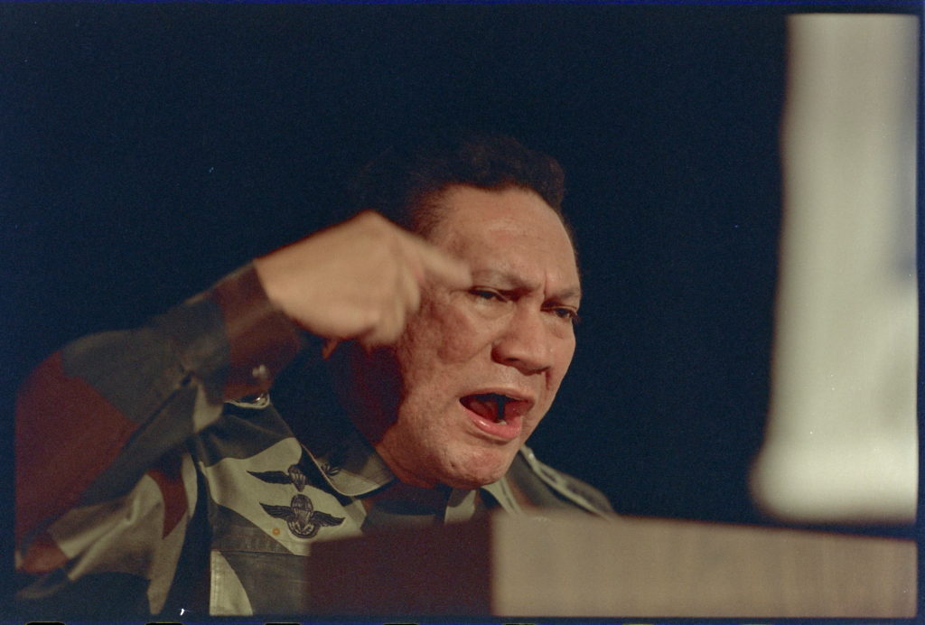 Panamanian military leader General Manuel Antonio Noriega gestures during a speech to delegates from Central American and ...