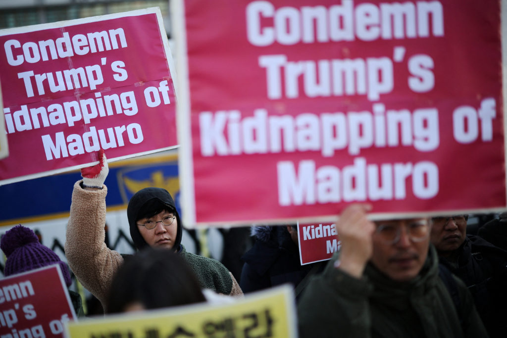 Reactions after U.S. strikes Venezuela and capture of Venezuelan President Maduro and his wife Flores, in Seoul