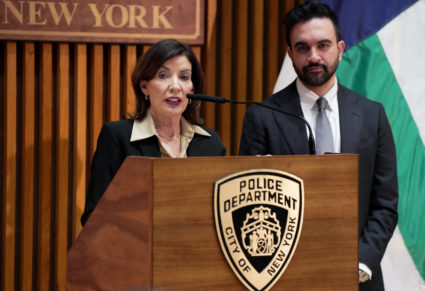 New York City Mayor Mamdani, Governor Hochul and City Police Commissioner Jessica Tisch attend a press conference in New Y...