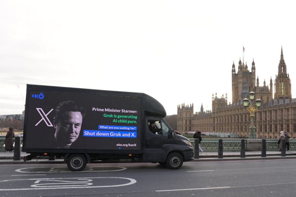 A billboard organised by corporate accountability group Eko passes through Westminster urging the Prime Minister to stand ...