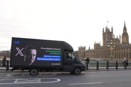 A billboard organised by corporate accountability group Eko passes through Westminster urging the Prime Minister to stand ...
