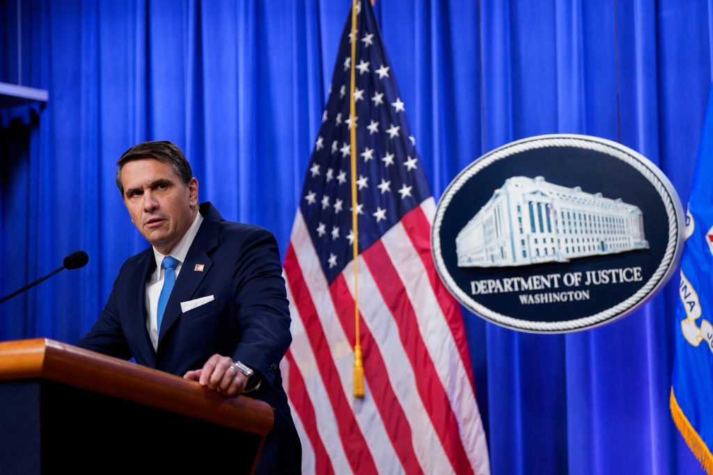 Deputy U.S. Attorney General Todd Blanche holds a press conference at the Justice Department in Washington