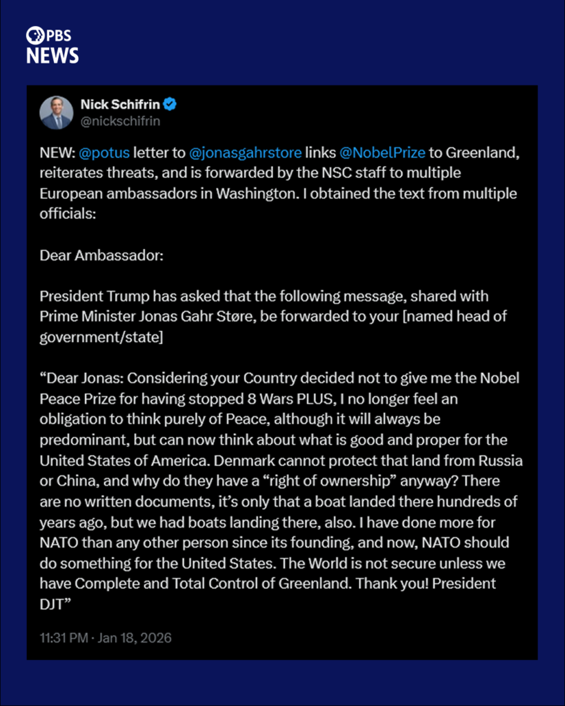 Nick tweet about ambassador letter 1-19-2026