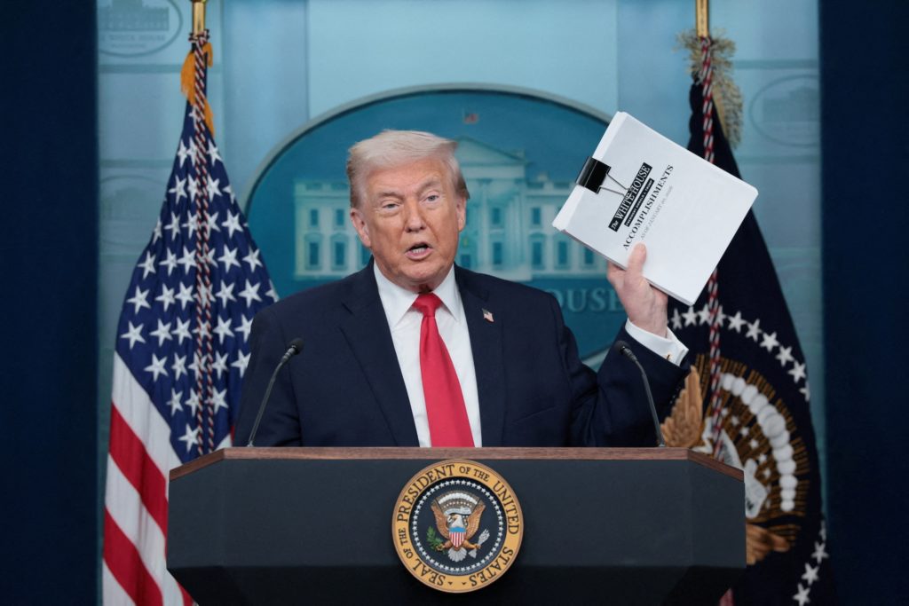 White House Press Secretary Karoline Leavitt holds a press briefing at the White House in Washington