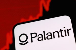 Illustration shows Palantir logo and rising stock graph