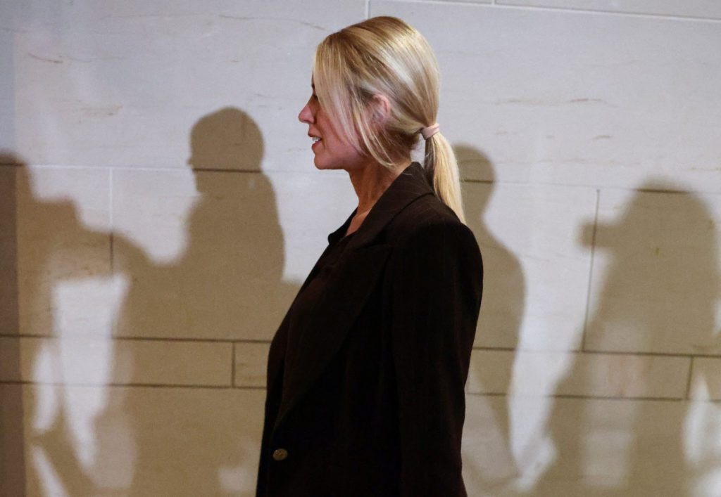 U.S. Attorney General Pam Bondi arrives to brief members of Congress on the situation in Venezuela, on Capitol Hill in Was...