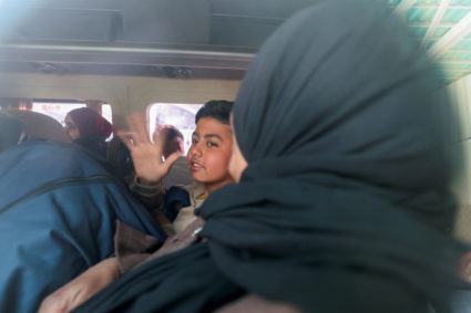 Patients and war-wounded Palestinians wait to leave Gaza for treatment abroad through the Rafah border crossing, in Khan Y...