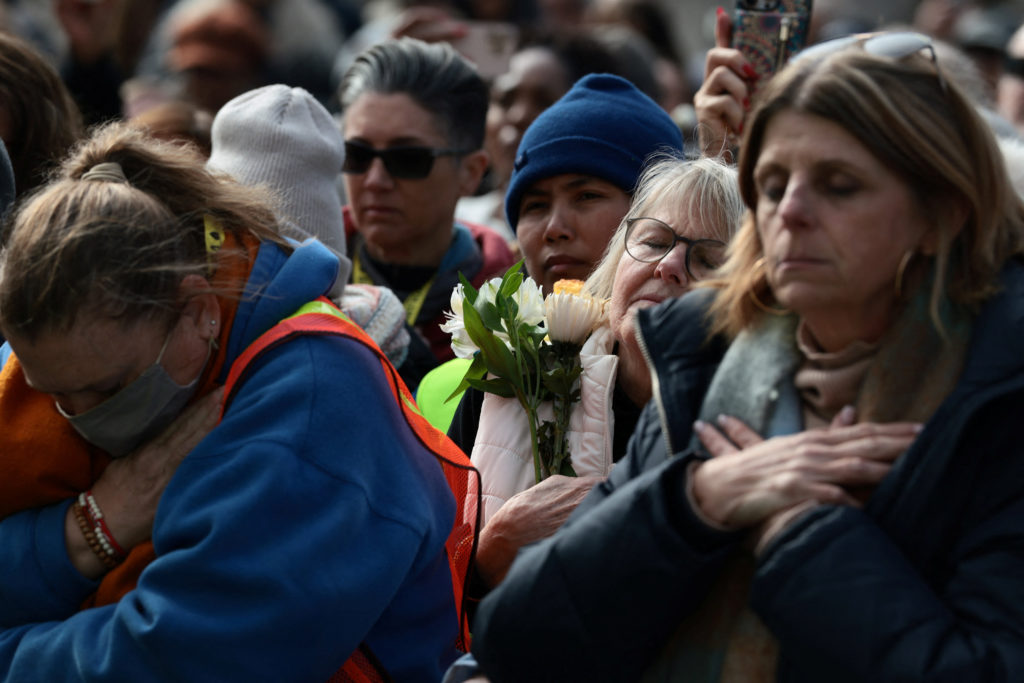 A group of Buddhist monks on the 2,300-mile "Walk for Peace" stand outside the National Cathedral in Washington