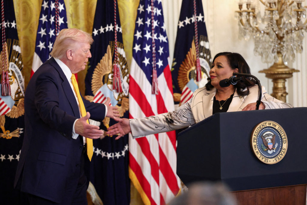 U.S. President Donald Trump speaks during a Black History Month reception at the White House in Washington