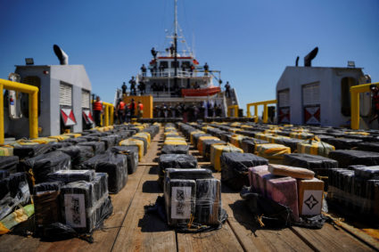 El Salvador Navy displays seized cocaine aboard intercepted vessel, in La Union