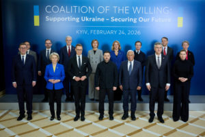 Ukrainian President Zelenskiy and EU leaders pose for a picture before a meeting of 'Coalition of the Willing' in Kyiv