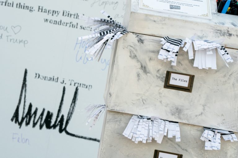 Installation depicts birthday message U.S. President Donald Trump allegedly wrote to sex offender Jeffrey Epstein, in Wash...
