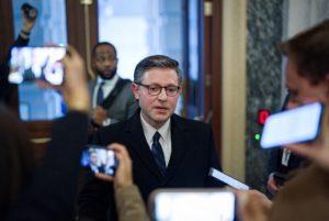 U.S. House Speaker Mike Johnson (R-LA ) speaks with reporters as he departs meeting with members of the House Rules Committee