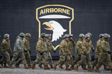 Soldiers attending The United States Army Air Assault School march to class at Fort Campbell