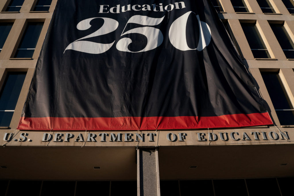 Banners marking the 250th anniversary of the United States of America at the Department of Education