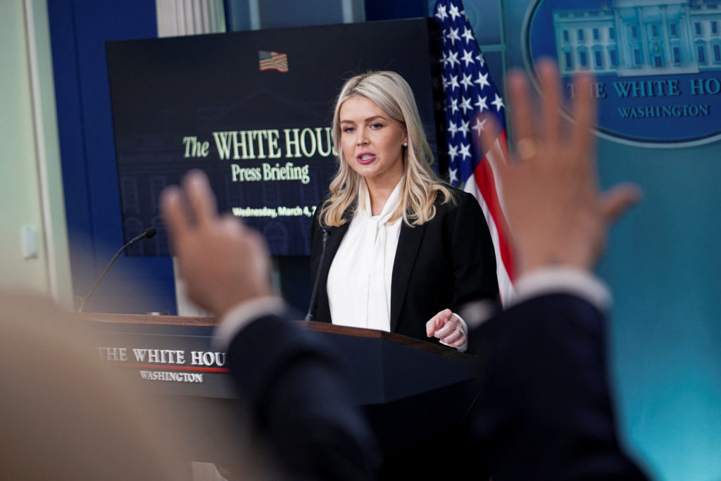 White House Press Secretary Karoline Leavitt holds a press briefing at the White House in Washington