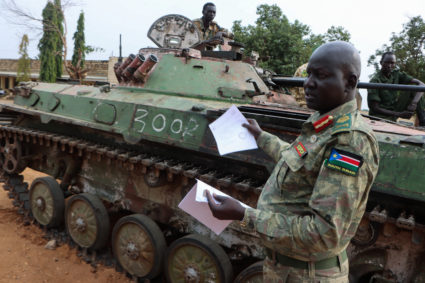 Major General Lul Ruai Koang the spokesperson for the SSPDF attends a press conference in Juba