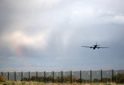 A U-2 aircraft flies after take off from RAF Akrotiri, a British sovereign base that was hit by a drone early on Monday, c...