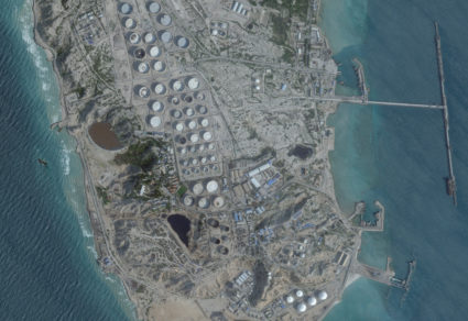 A satellite image shows an oil terminal, in Kharg Island