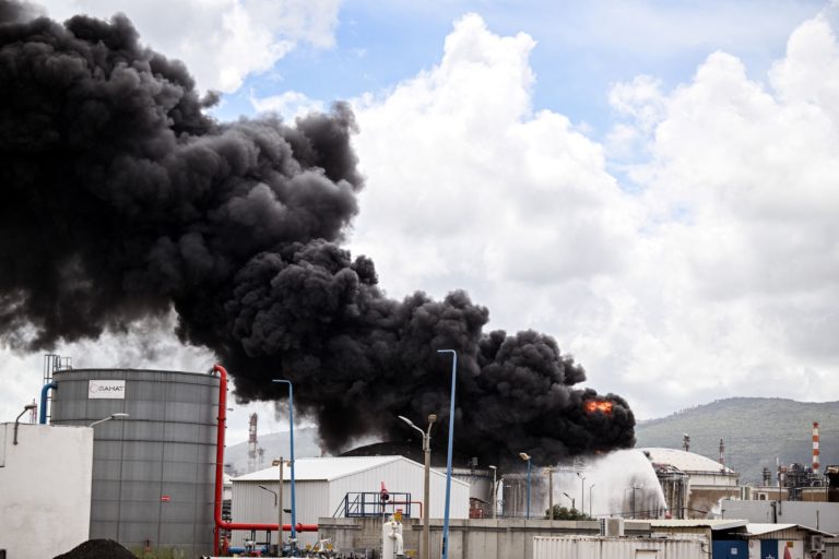 A blaze after Israel's Fire and Rescue Service said that an industrial building and a fuel tanker at Israel's Oil Refineri...